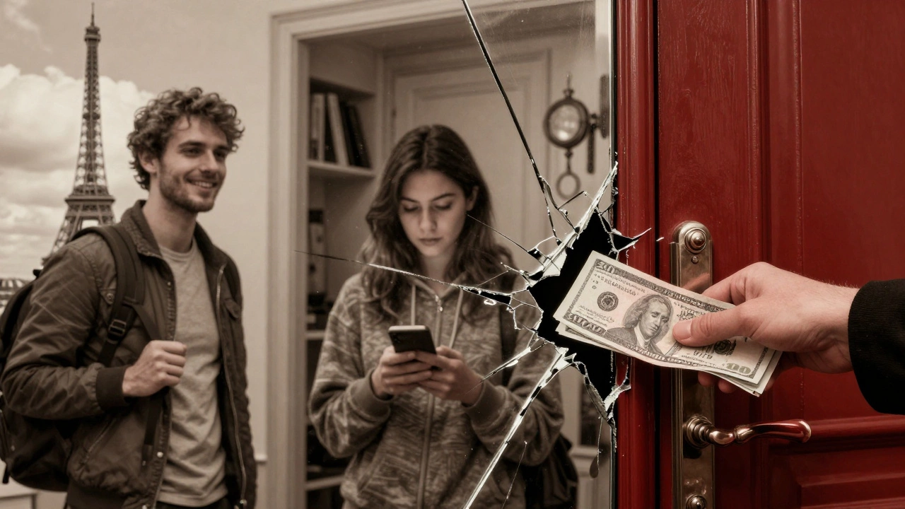 A fractured mirror shows a tourist, a worker, and a cash exchange — symbols of Paris&#039;s hidden sex economy.