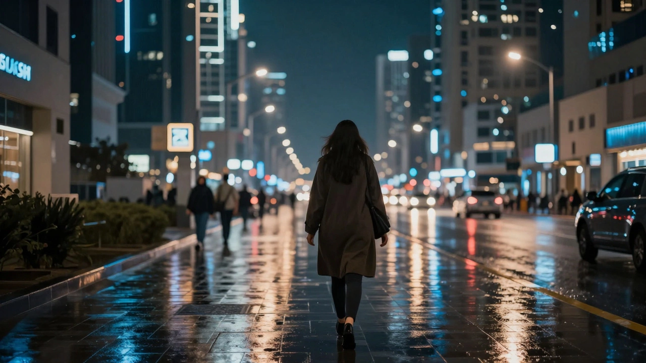 A woman walks alone through a rainy Dubai night, unnoticed by the glittering city around her.