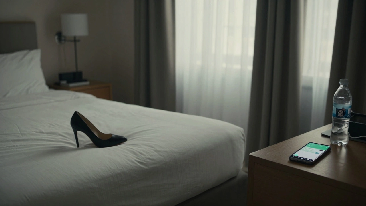 An empty hotel room in Paris with a high-heeled shoe by the bed and a phone charging on the nightstand.