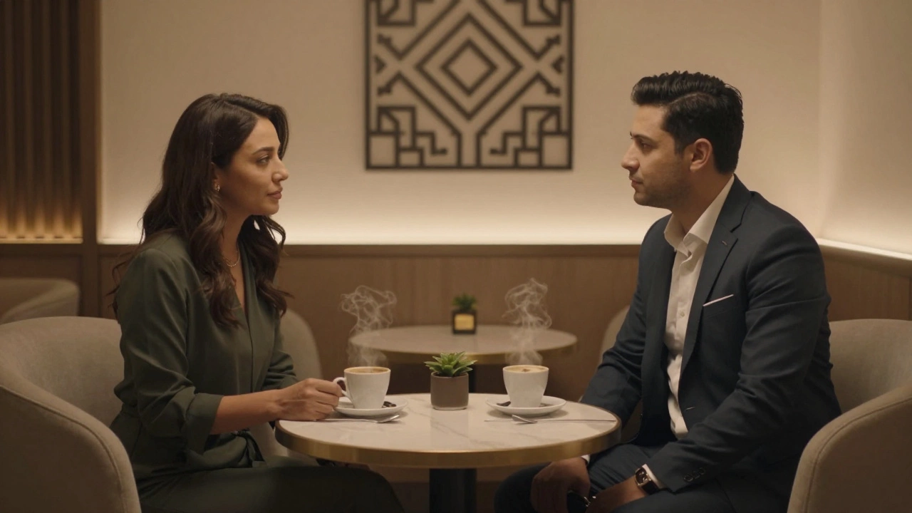 Two people share a quiet moment in a luxury lounge, coffee steaming between them, no words needed.